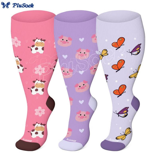 Plus Size Cow Pig Butterfly Compression Socks(3 Pairs)