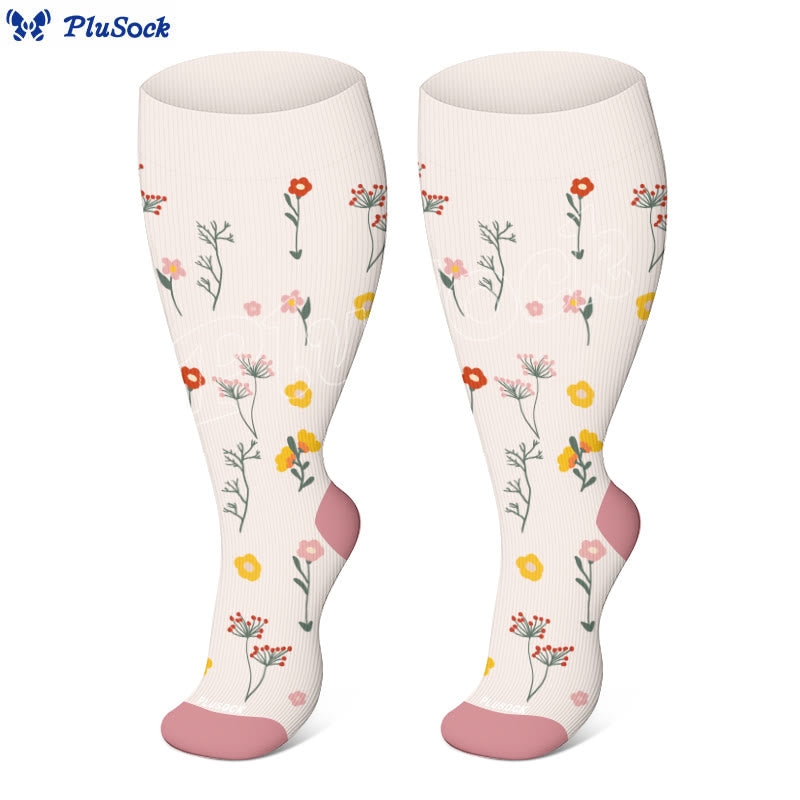 Plus Size Small Flower Leaves Compression Socks(3 Pairs)