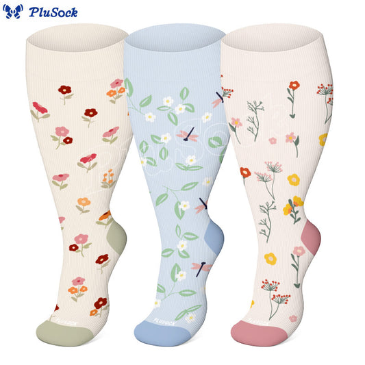 Plus Size Small Flower Leaves Compression Socks(3 Pairs)