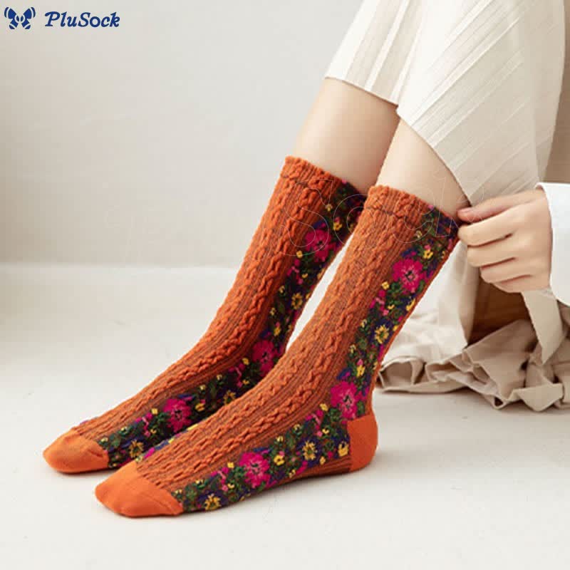 Folk Style Floral Quarter Socks(5 Pairs)