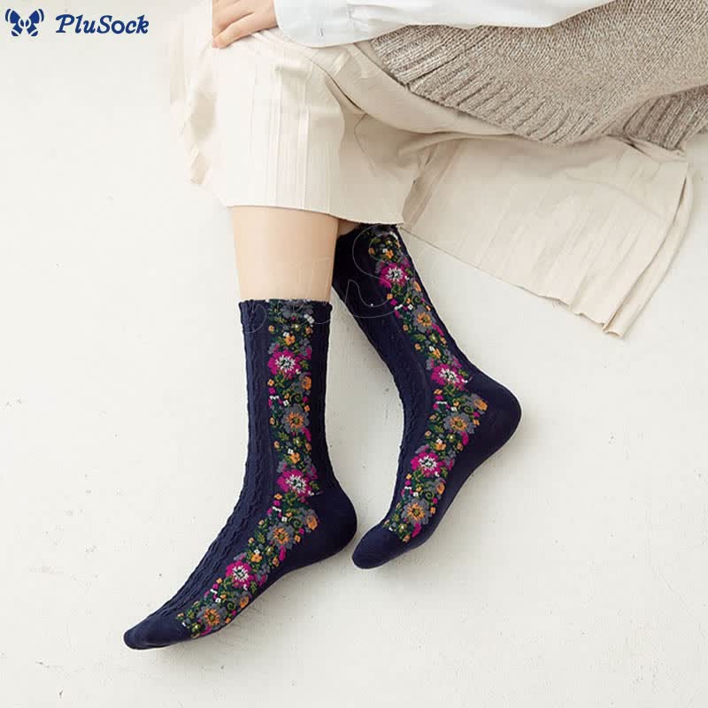 Folk Style Floral Quarter Socks(5 Pairs)