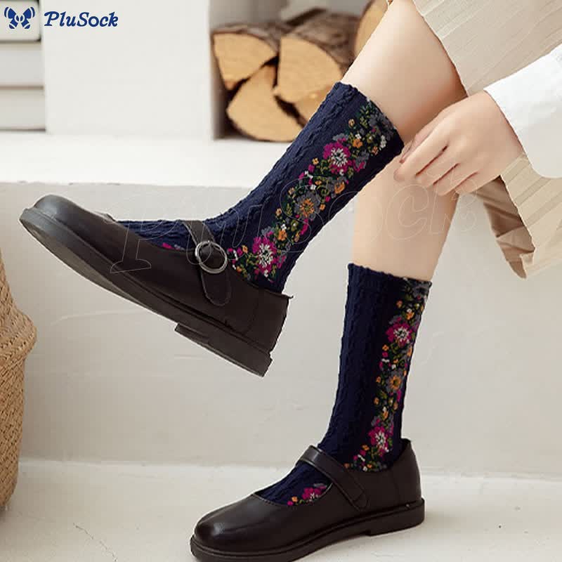 Folk Style Floral Quarter Socks(5 Pairs)