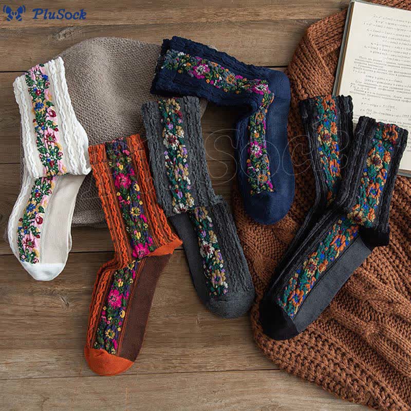 Folk Style Floral Quarter Socks(5 Pairs)