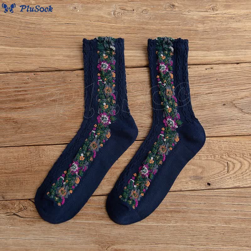 Folk Style Floral Quarter Socks(5 Pairs)