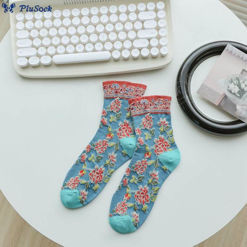 Floral Relief Quarter Socks(5 Pairs)