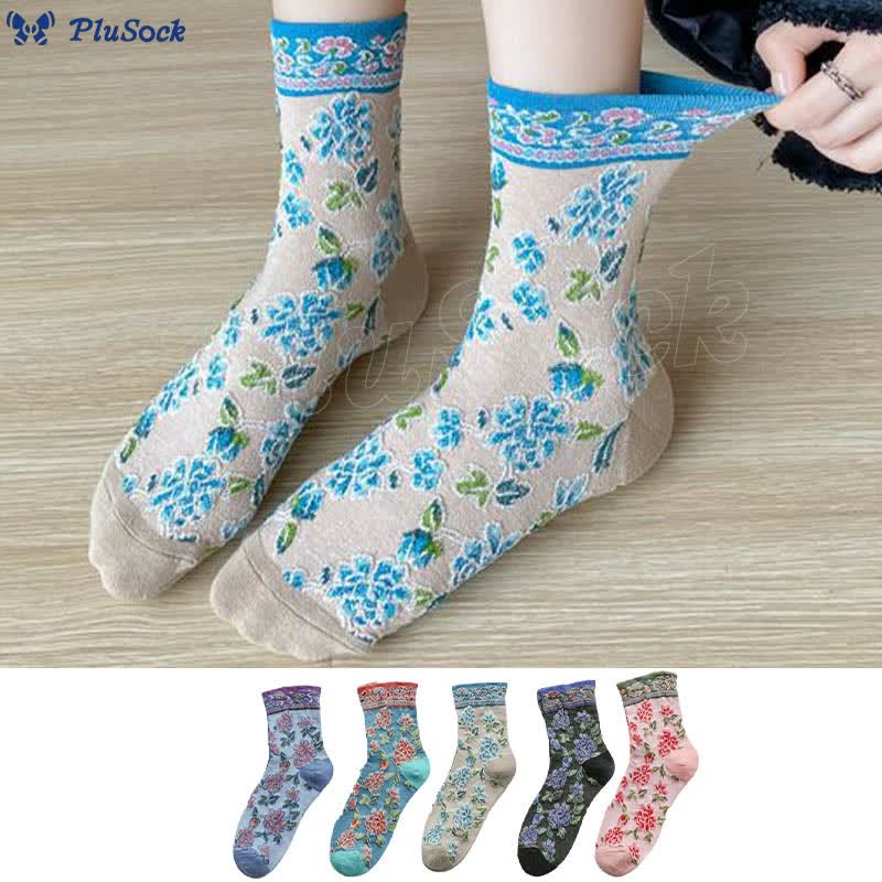 Floral Relief Quarter Socks(5 Pairs)