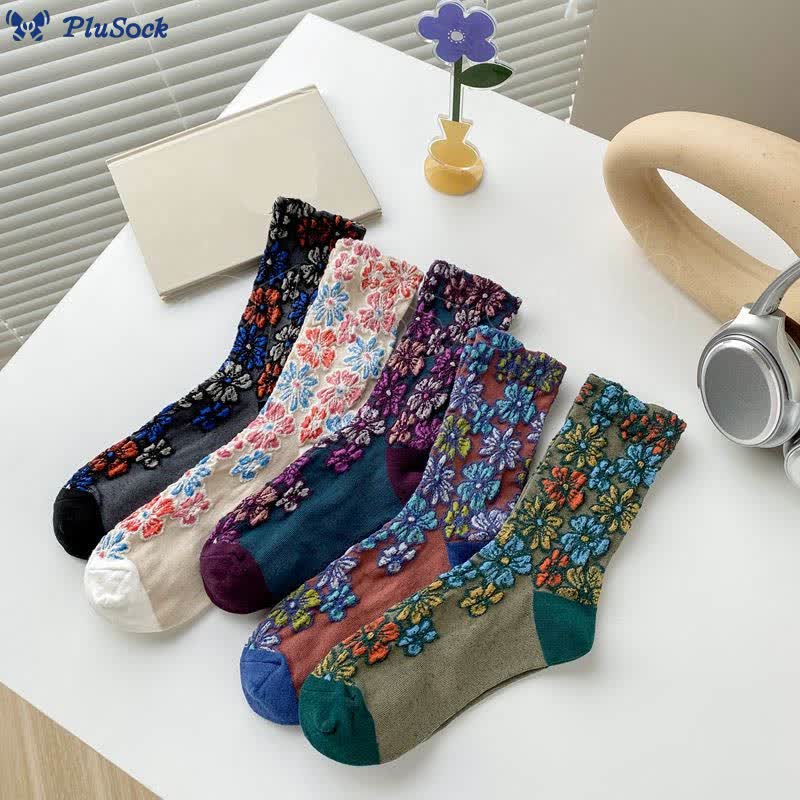 Retro Carving Flowers Quarter Socks(5 Pairs)