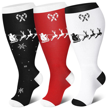 Plus Size Candy Cane Elk Compression Socks(3 Pairs)