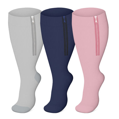 2XL-7XL Plus Size Solid Color Zipper Compression Socks(3 Pairs)