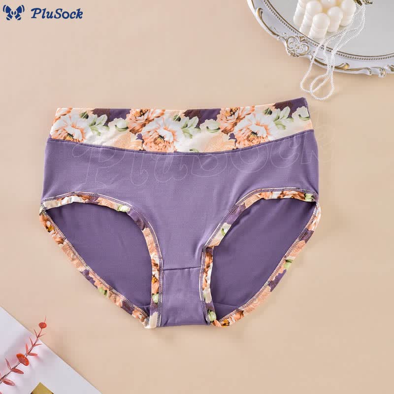 Plus Size Solid Color Floral Print Panty(6 Packs)