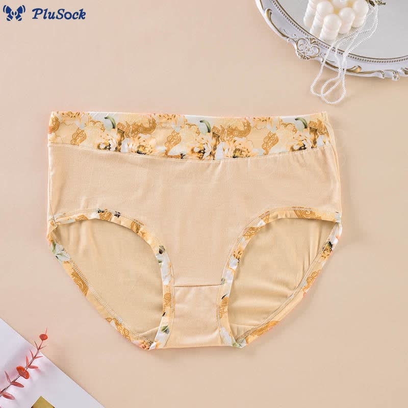 Plus Size Solid Color Floral Print Panty(6 Packs)