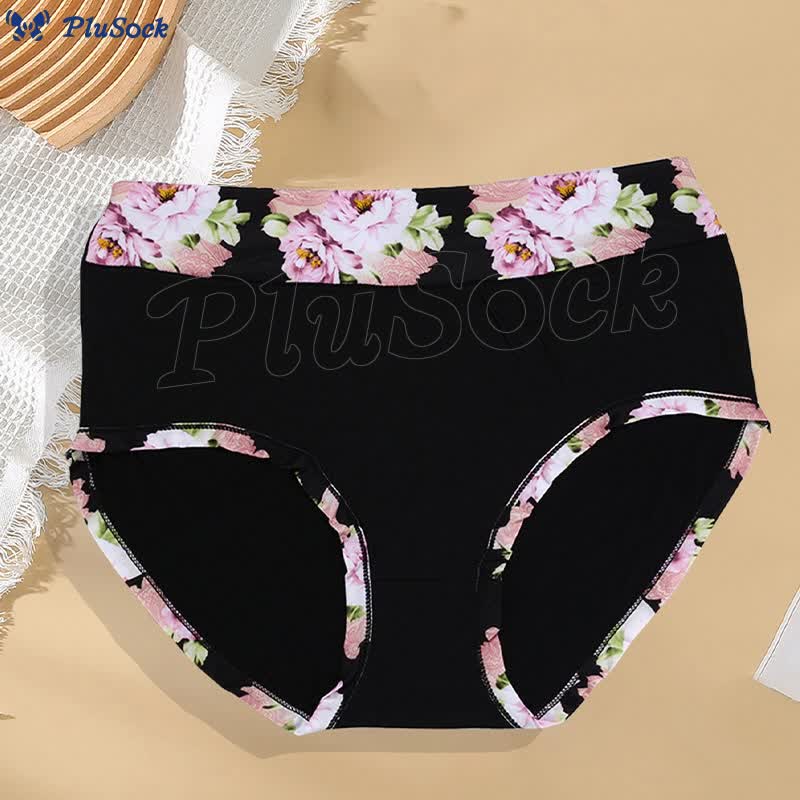 Plus Size Solid Color Floral Print Panty(6 Packs)