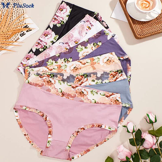 Plus Size Solid Color Floral Print Panty(6 Packs)