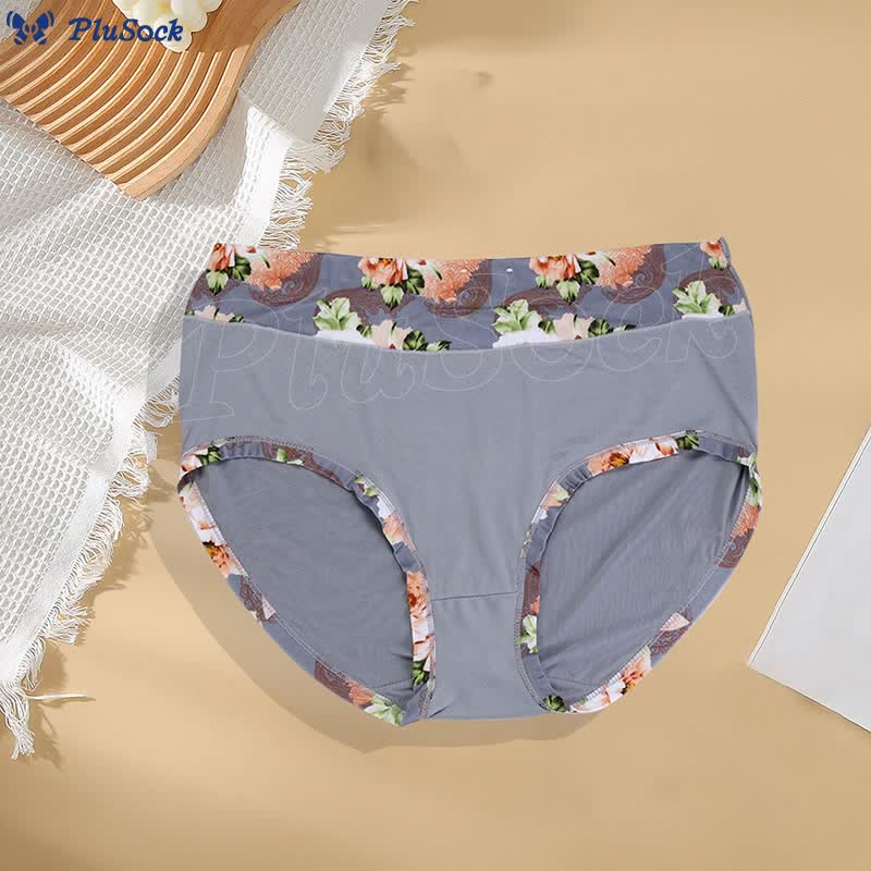 Plus Size Solid Color Floral Print Panty(6 Packs)