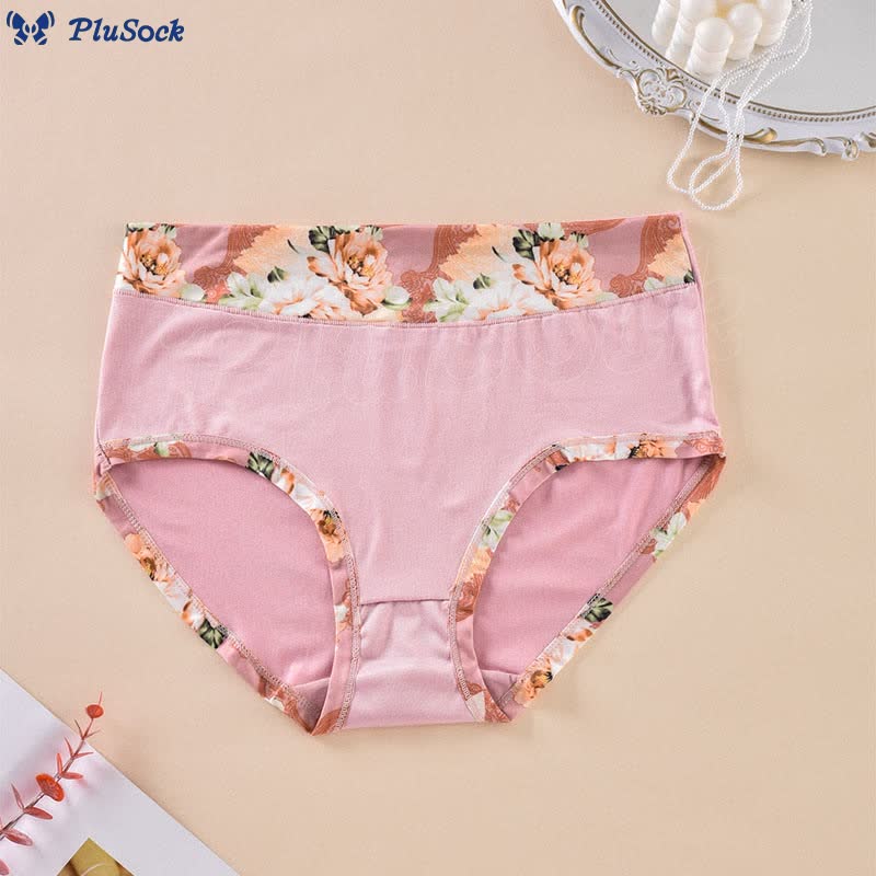 Plus Size Solid Color Floral Print Panty(6 Packs)