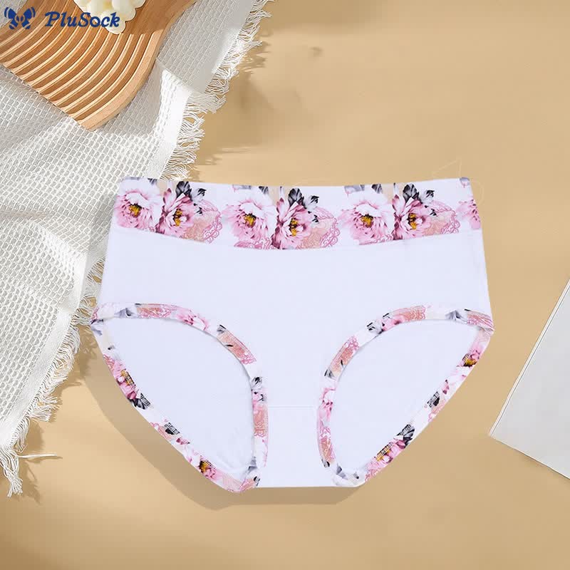 Plus Size Solid Color Floral Print Panty(6 Packs)