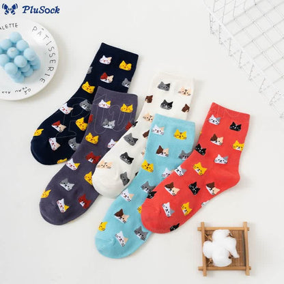 Cartoon Cat Head Quarter Socks(5 Pairs)