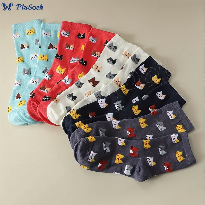 Cartoon Cat Head Quarter Socks(5 Pairs)