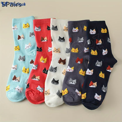 Cartoon Cat Head Quarter Socks(5 Pairs)