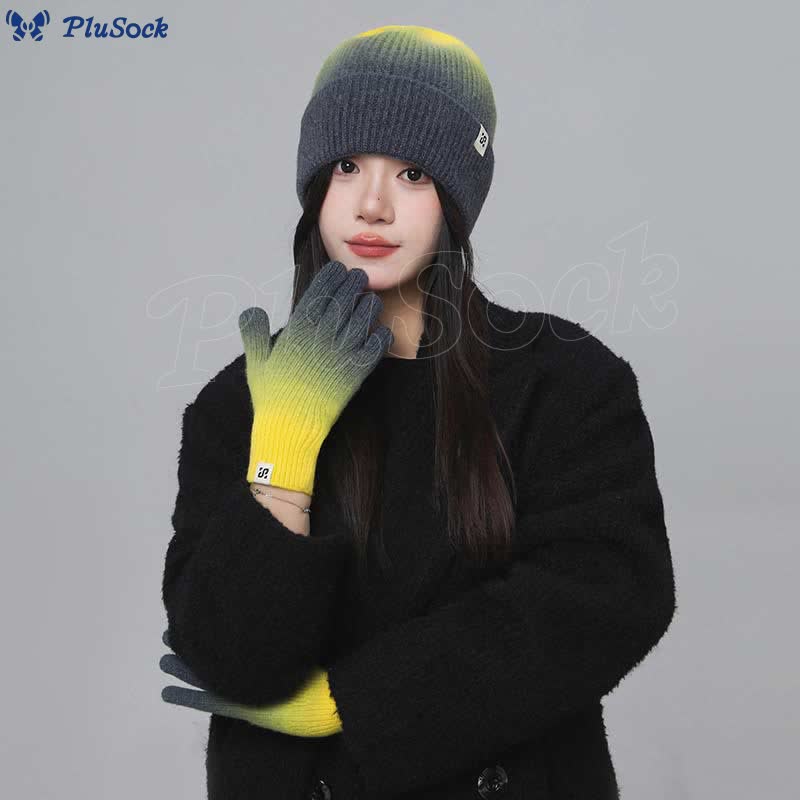 Gradient Color Gloves Beanie 2 In 1 Set