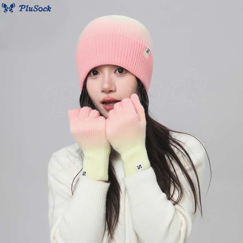 Gradient Color Gloves Beanie 2 In 1 Set