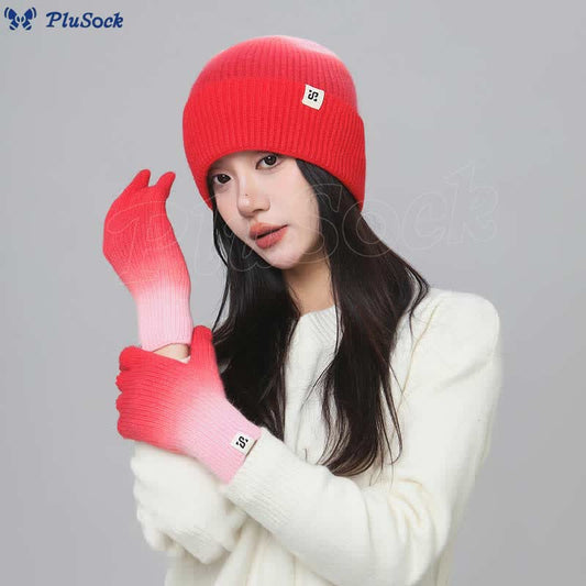 Gradient Color Gloves Beanie 2 In 1 Set