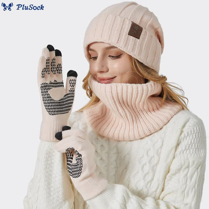 Fashionable Warm Gloves Beanie Scarf 3 In 1 Set