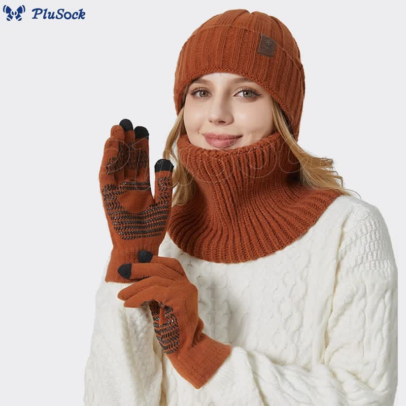 Fashionable Warm Gloves Beanie Scarf 3 In 1 Set