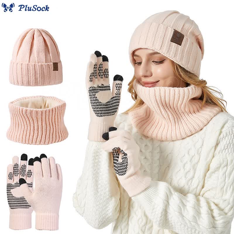 Fashionable Warm Gloves Beanie Scarf 3 In 1 Set