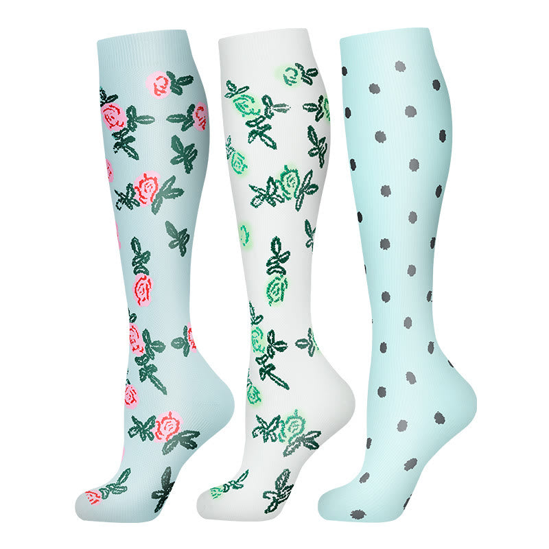 Flower Polka Dot Compression Socks(3 Pairs)