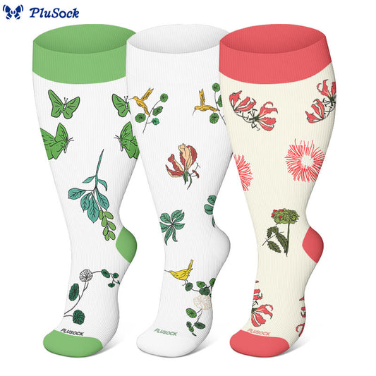 Plus Size Bird Flower Compression Socks(3 Pairs)