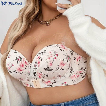 Plus Size Floral Print Front Closure Underwire Bra