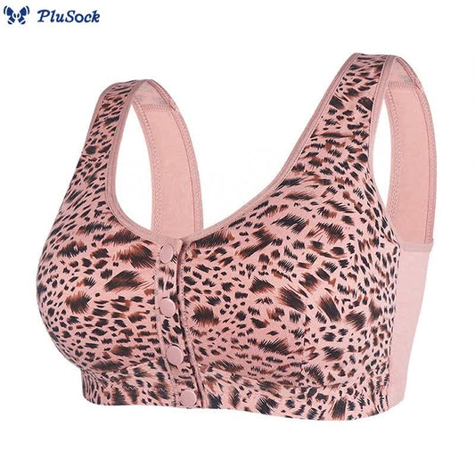 Plus Size Front Closure Leopard Print Wireless Sports Bra