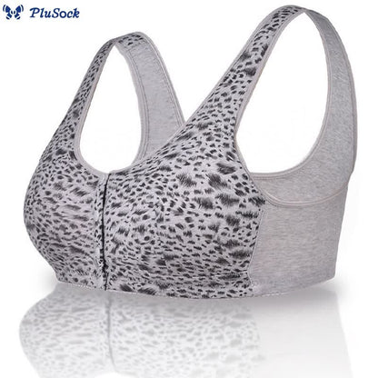 Plus Size Front Closure Leopard Print Wireless Sports Bra