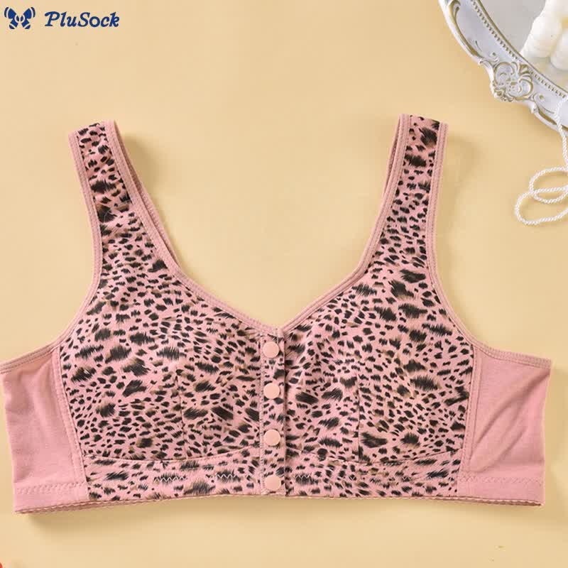 Plus Size Front Closure Leopard Print Wireless Sports Bra