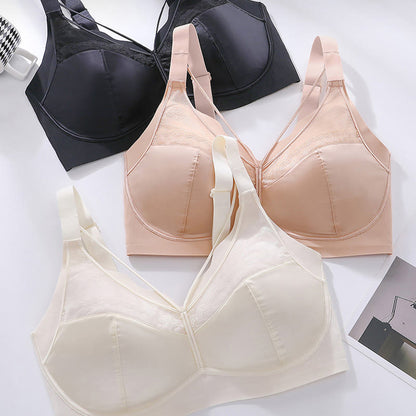 Plus Size Satin Patchwork Lace Wireless Bra