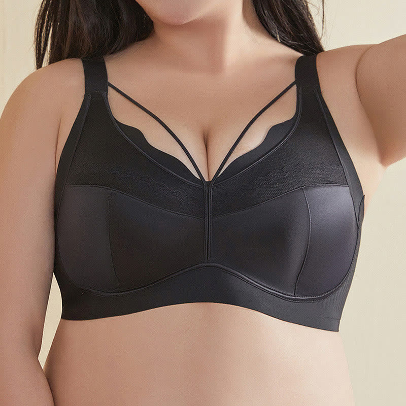 Plus Size Satin Patchwork Lace Wireless Bra