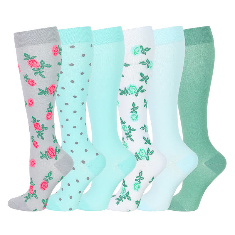 Blue Green Flower Compression Socks(6 Pairs)