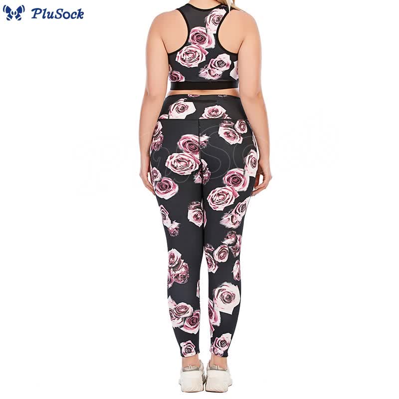 Plus Size Rose Print Fitness Yoga Sports Suit