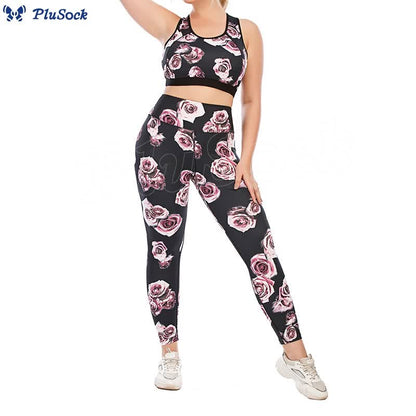 Plus Size Rose Print Fitness Yoga Sports Suit