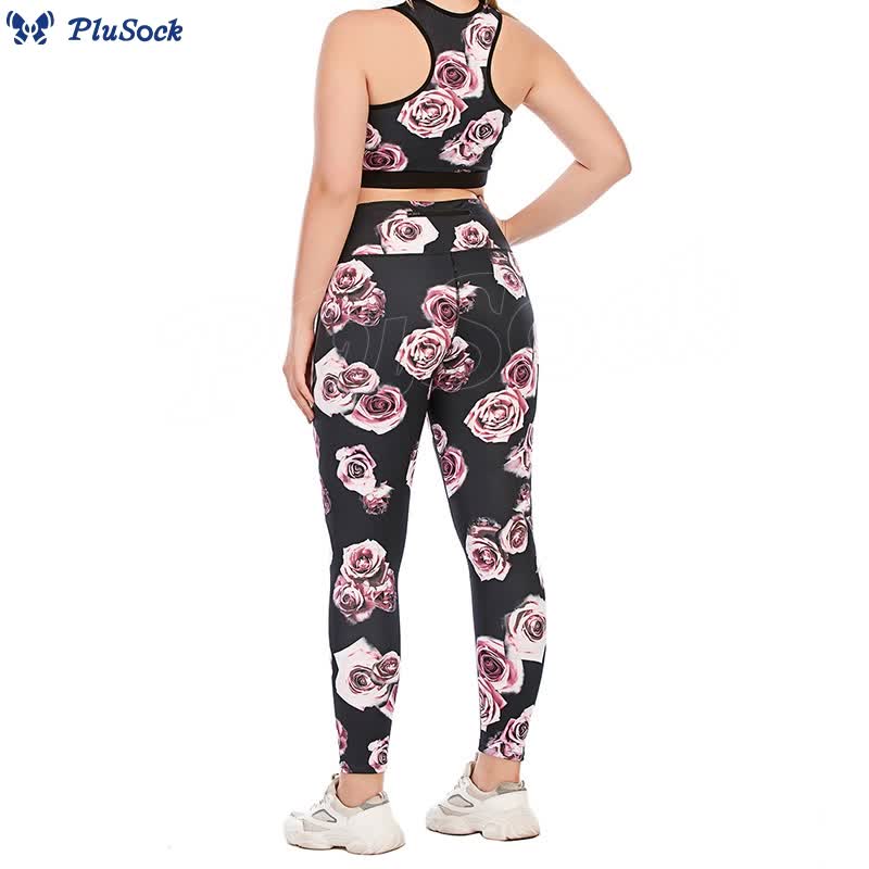 Plus Size Rose Print Fitness Yoga Sports Suit