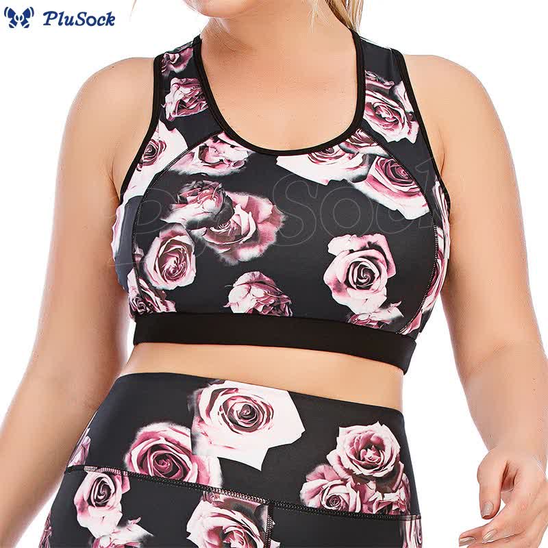 Plus Size Rose Print Fitness Yoga Sports Suit