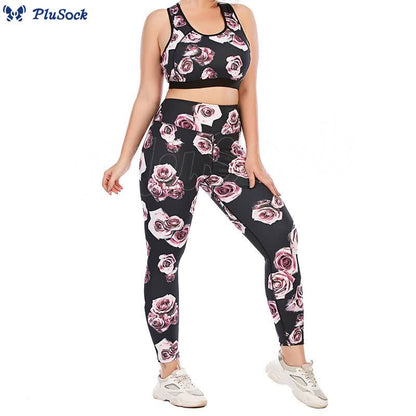 Plus Size Rose Print Fitness Yoga Sports Suit