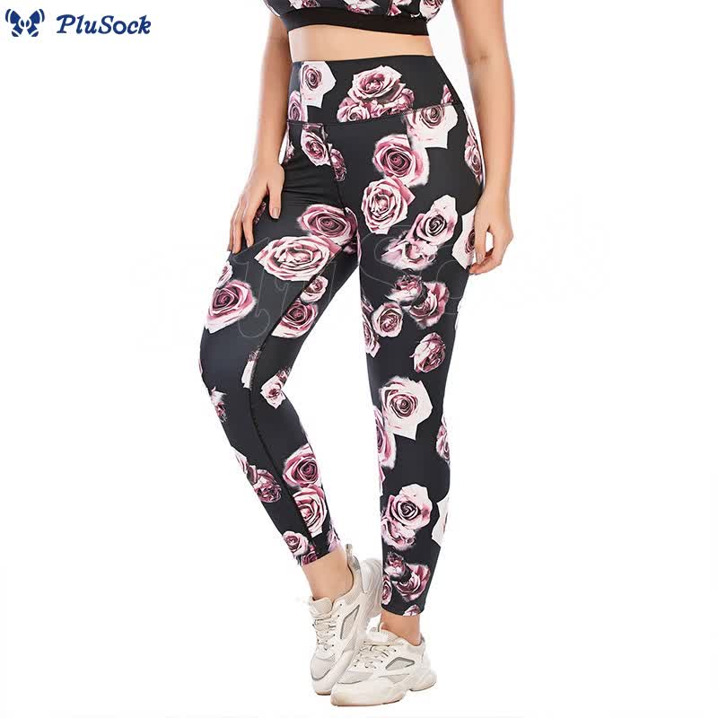 Plus Size Rose Print Fitness Yoga Sports Suit