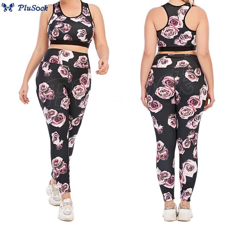 Plus Size Rose Print Fitness Yoga Sports Suit