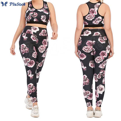 Plus Size Rose Print Fitness Yoga Sports Suit