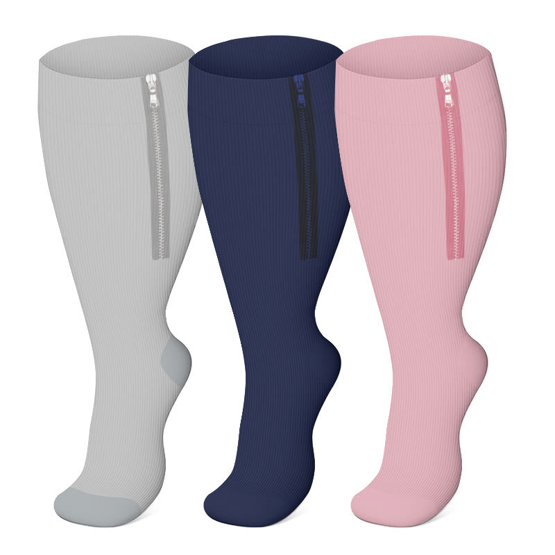 2XL-7XL Plus Size Solid Color Zipper Compression Socks