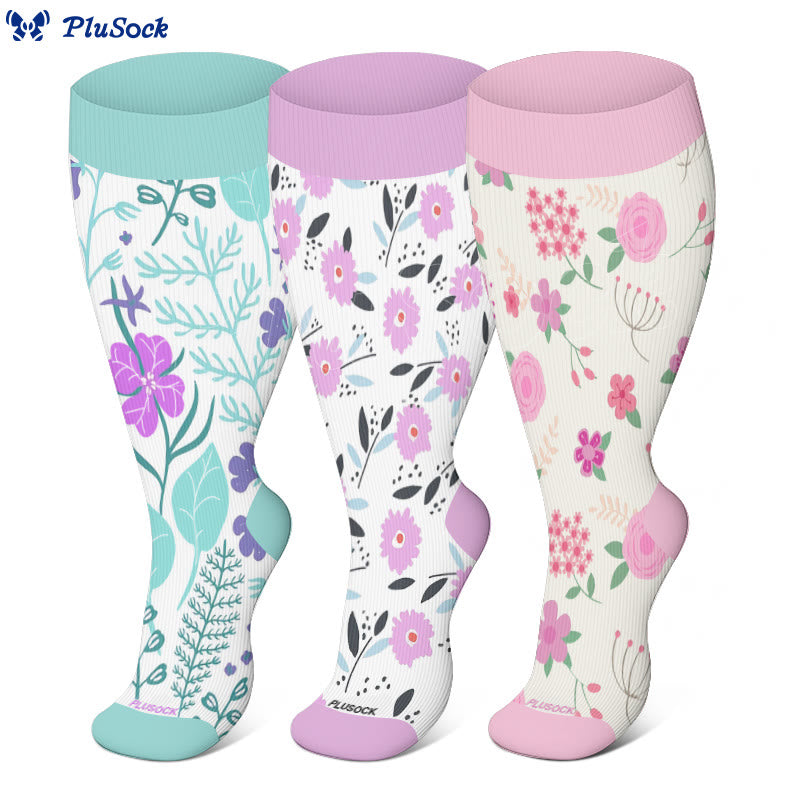 Plus Size Floral Patterned Compression Socks(3 Pairs)