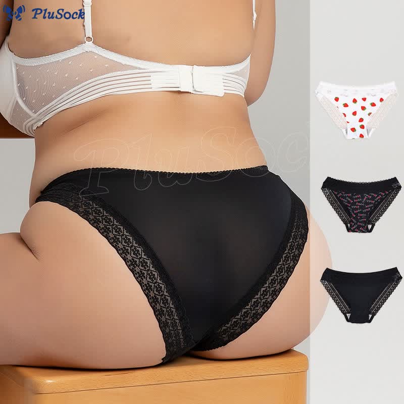 Plus Size Low-rise Strawberry Heart Print Lace Panty(2 Packs)