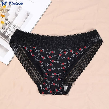 Plus Size Low-rise Strawberry Heart Print Lace Panty(2 Packs)